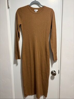 Nordstrom Rack Camel Ribbed Long Sleeve Midi Dress - S